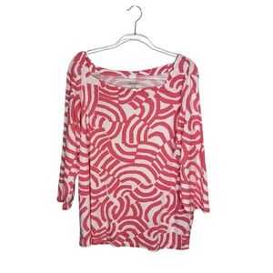 Chico's Size 4 US 2X Print Pullover Top Cotton Modal Knit Pink White 3/4 Sleeves